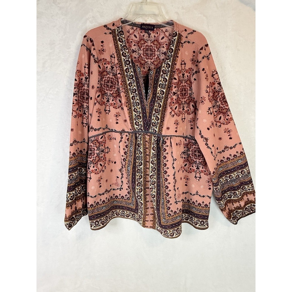 Artesia Boho Peasant Blouse Pink Medallion Print Bell Sleeve Tunic Top‎ XL